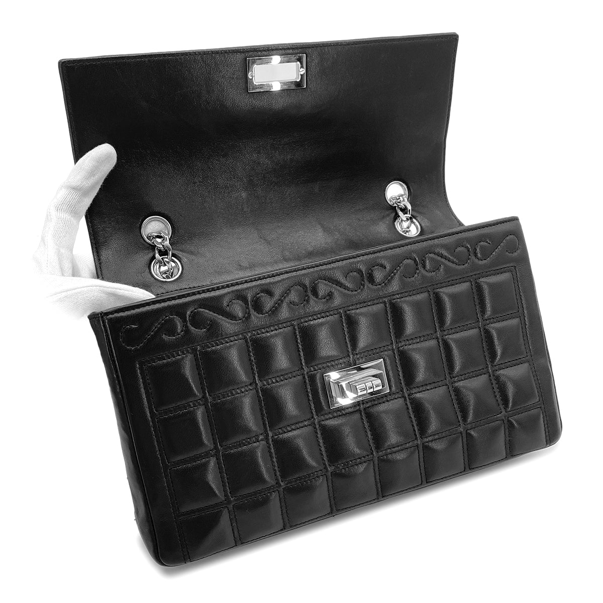 CHANEL VINTAGE 2.55 CHOCOLATE BAR RHINESTONE CHAIN SHOULDER BAG BLACK LAMB SKIN 90272503