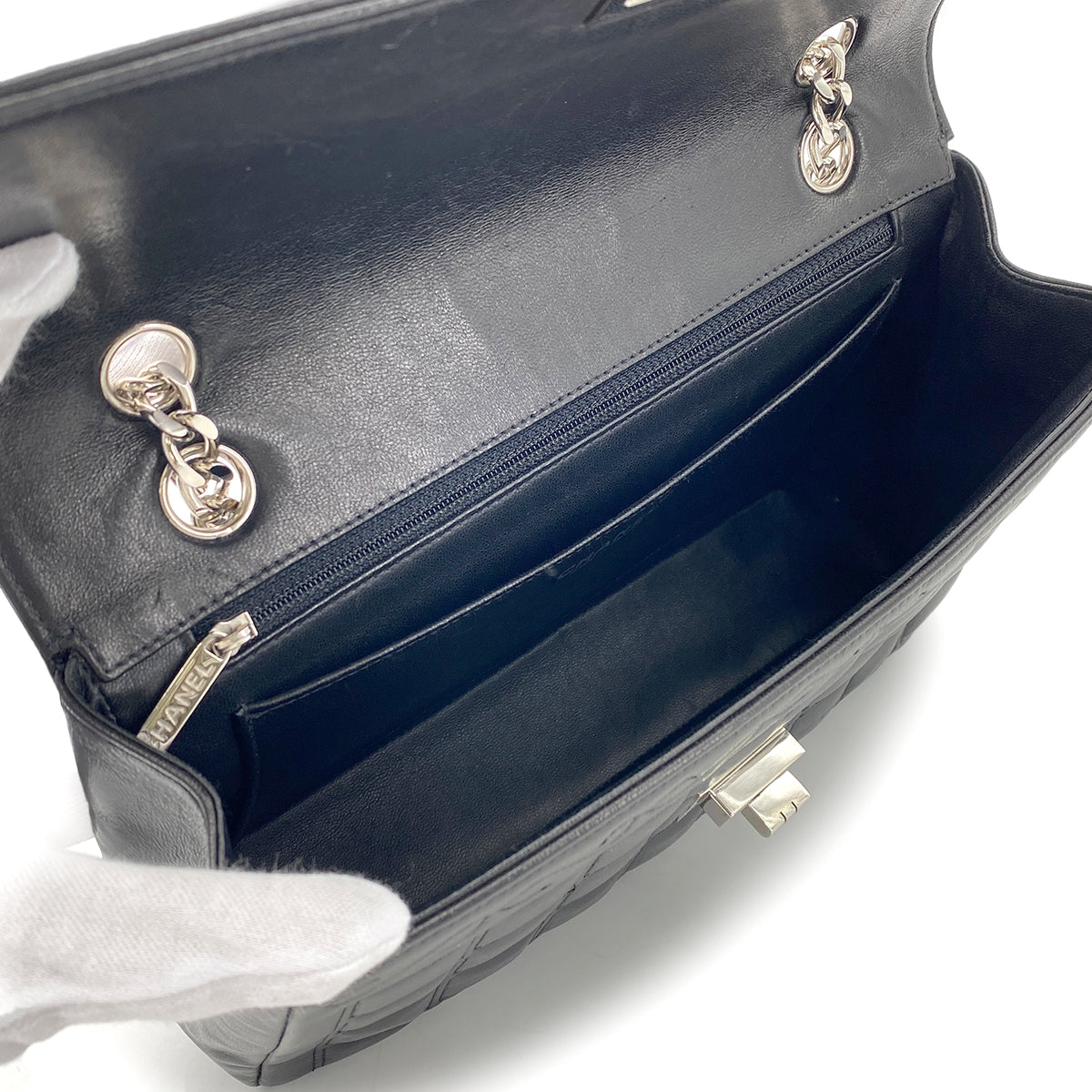 CHANEL VINTAGE 2.55 CHOCOLATE BAR RHINESTONE CHAIN SHOULDER BAG BLACK LAMB SKIN 90272503