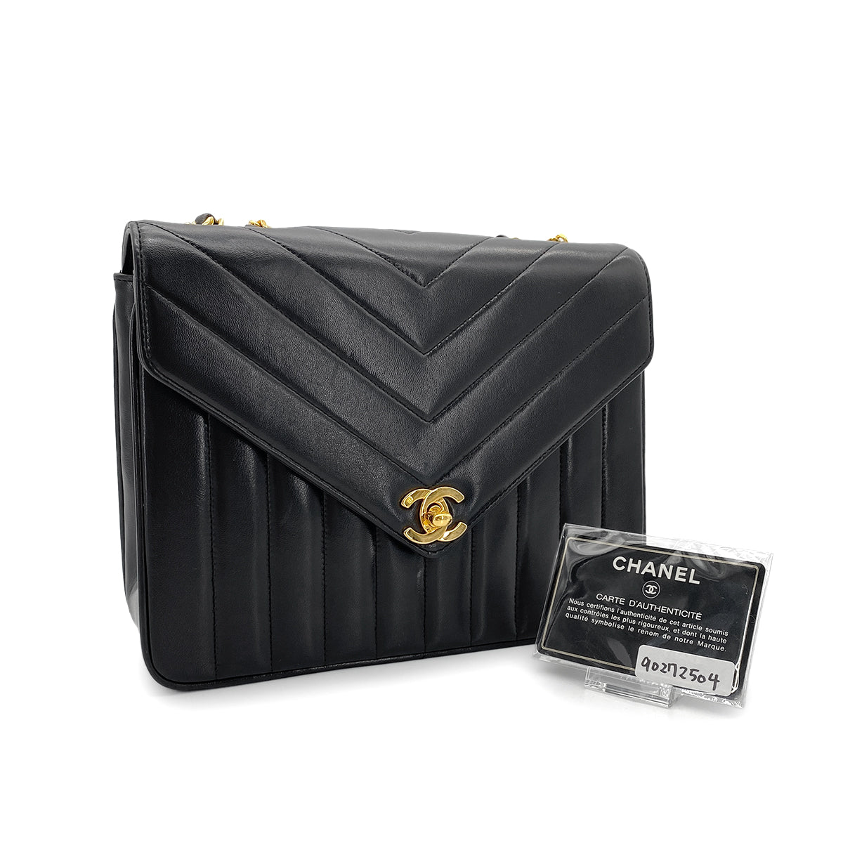 CHANEL VINTAGE CHEVRON CHAIN SHOULDER BAG BLACK LAMB SKIN 90272504