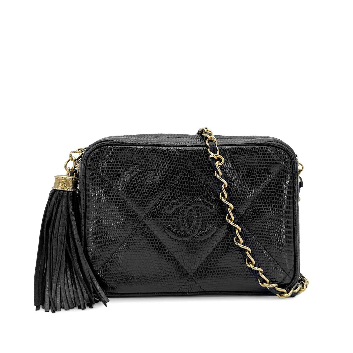 CHANEL VINTAGE FRINGE CHAIN SHOULDER BAG BLACK LIZARD 90272506