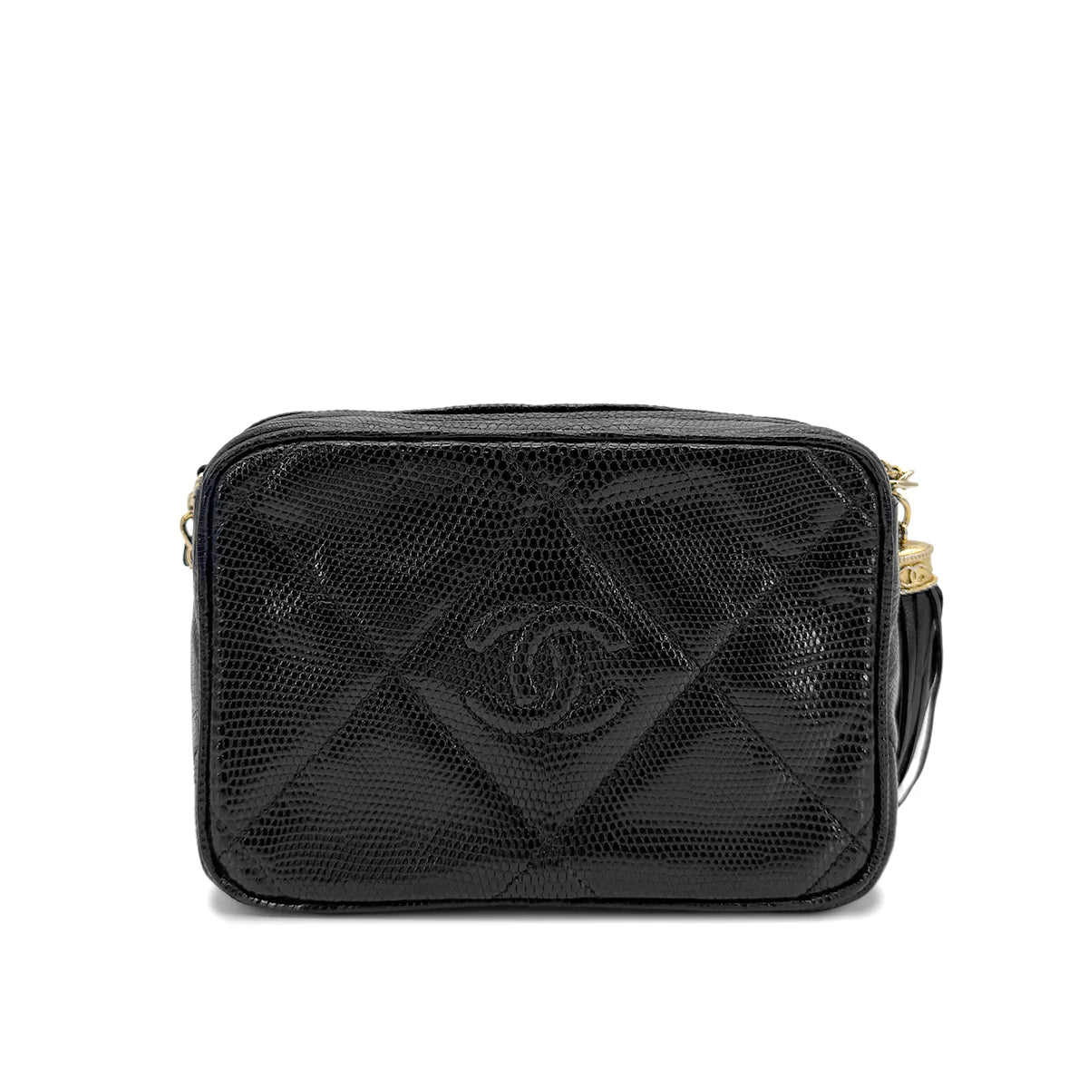 CHANEL VINTAGE FRINGE CHAIN SHOULDER BAG BLACK LIZARD 90272506