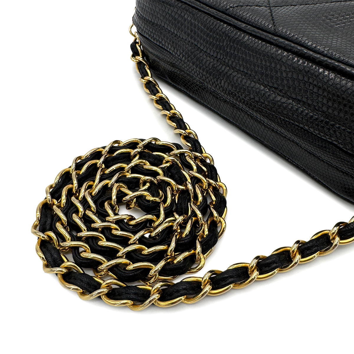 CHANEL VINTAGE FRINGE CHAIN SHOULDER BAG BLACK LIZARD 90272506