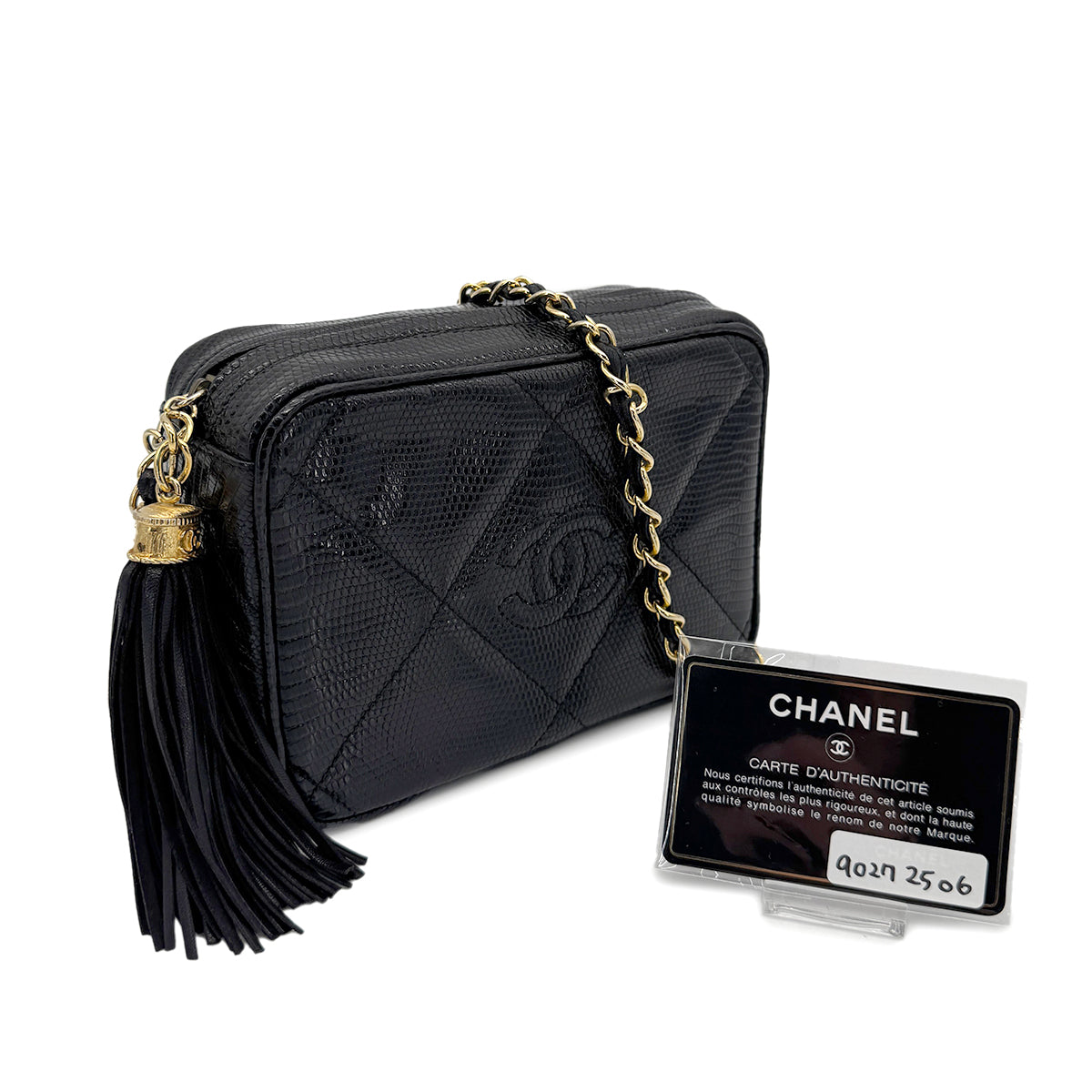 CHANEL VINTAGE FRINGE CHAIN SHOULDER BAG BLACK LIZARD 90272506
