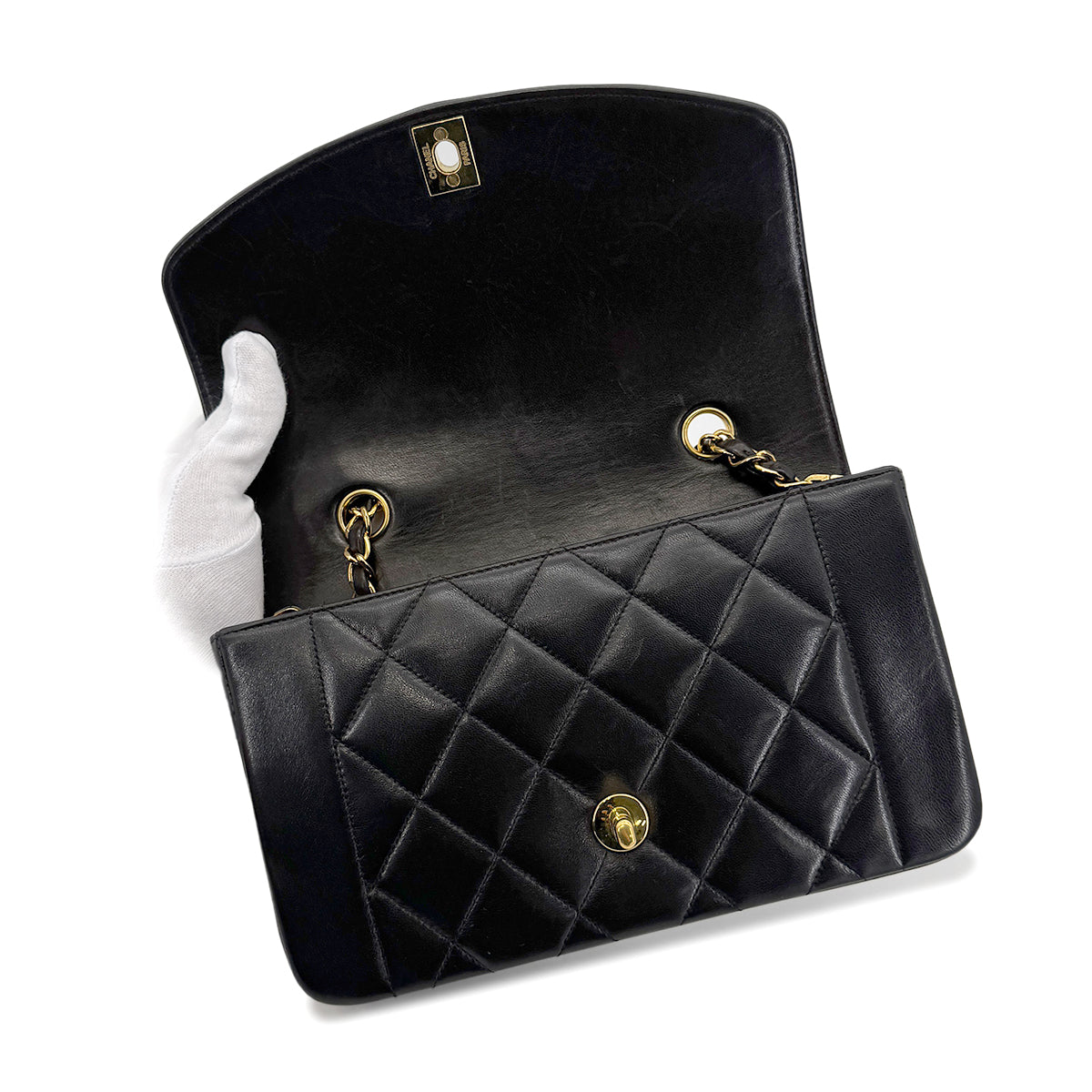 CHANEL VINTAGE DIANA SMALL CHAIN SHOULDER BAG BLACK LAMB SKIN 90272511