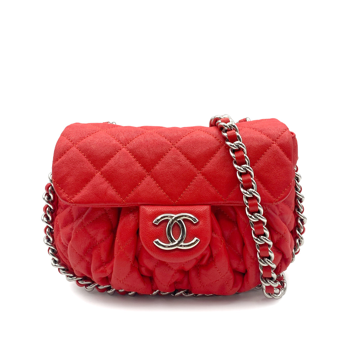 CHANEL MATELASSE CHAIN AROUND SHOULDER BAG RED CAVIAR SKIN 90272512