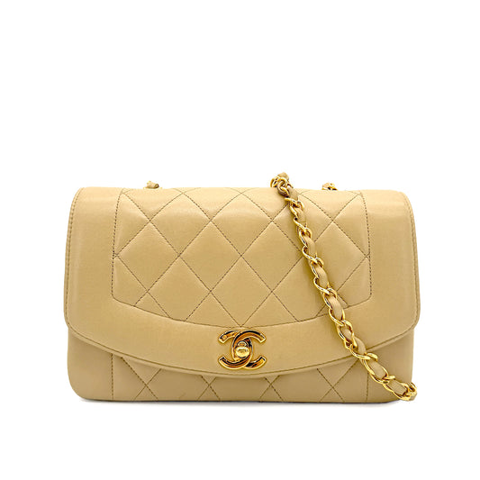 CHANEL VINTAGE DIANA SMALL CHAIN SHOULDER BAG BEIGE LAMB SKIN 90272515