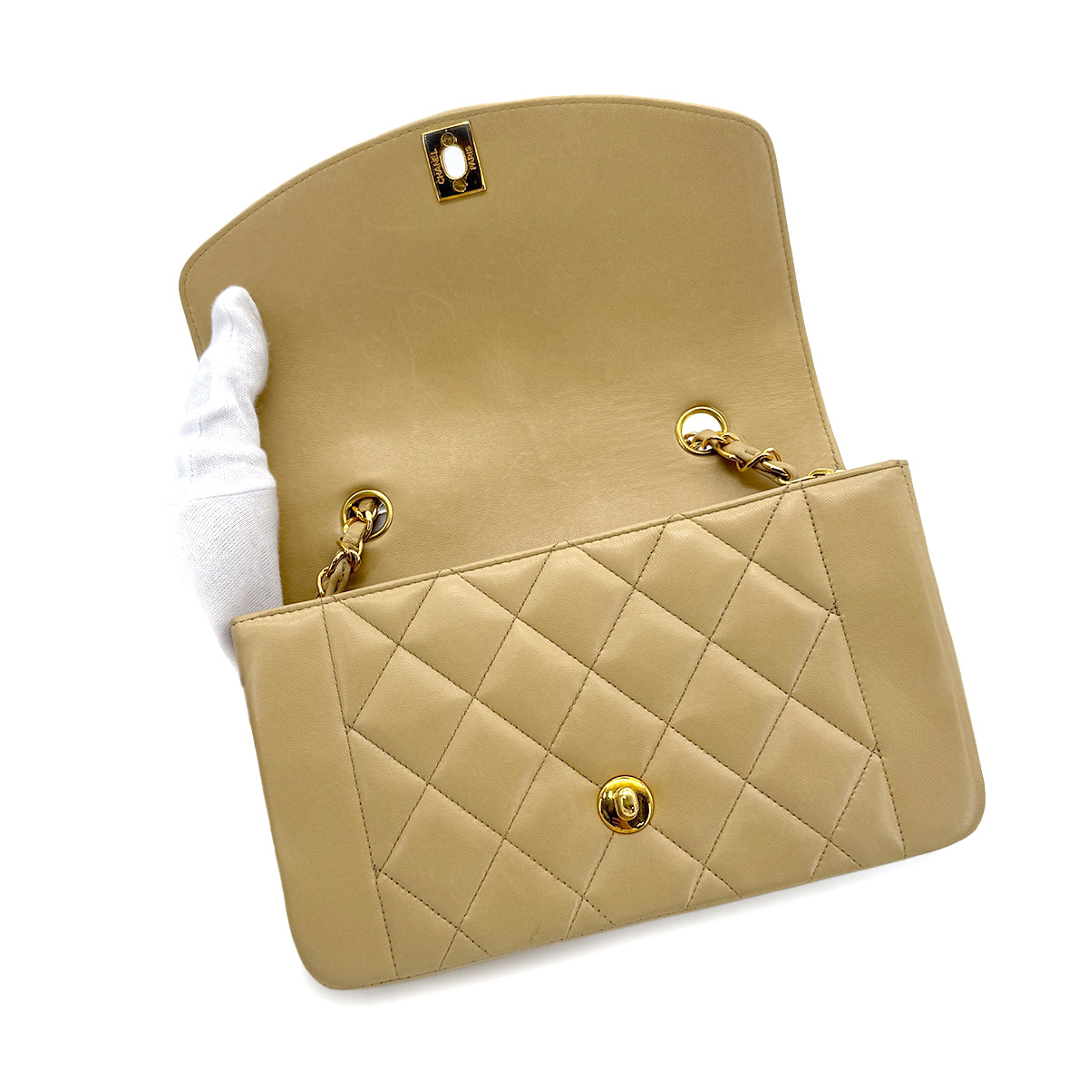 CHANEL VINTAGE DIANA SMALL CHAIN SHOULDER BAG BEIGE LAMB SKIN 90272515