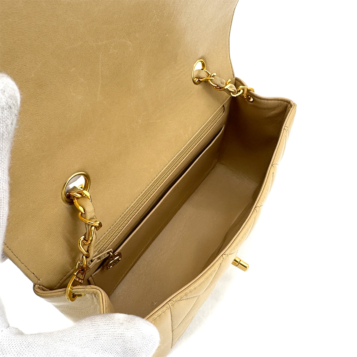 CHANEL VINTAGE DIANA SMALL CHAIN SHOULDER BAG BEIGE LAMB SKIN 90272515