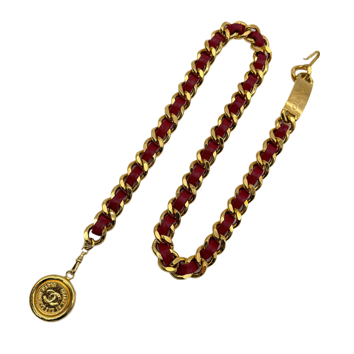 CHANEL VINTAGE CHAIN BELT LEATHER COCOMARK RED ACCESSORY 90272517