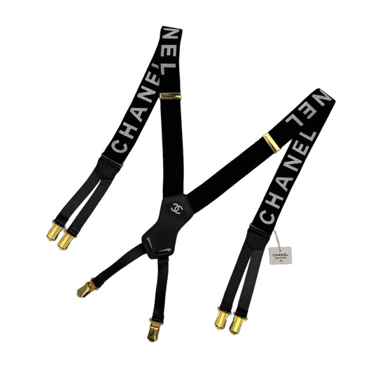 CHANEL VINTAGE SUSPENDER LOGO BLACK WHITE CANVAS LEATHER 90272518