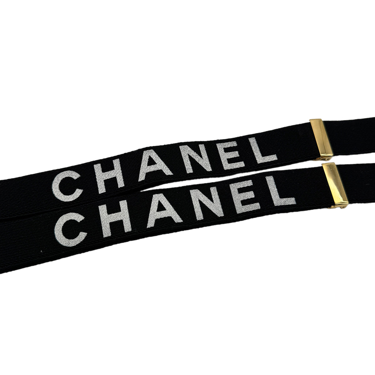 CHANEL VINTAGE SUSPENDER LOGO BLACK WHITE CANVAS LEATHER 90272518