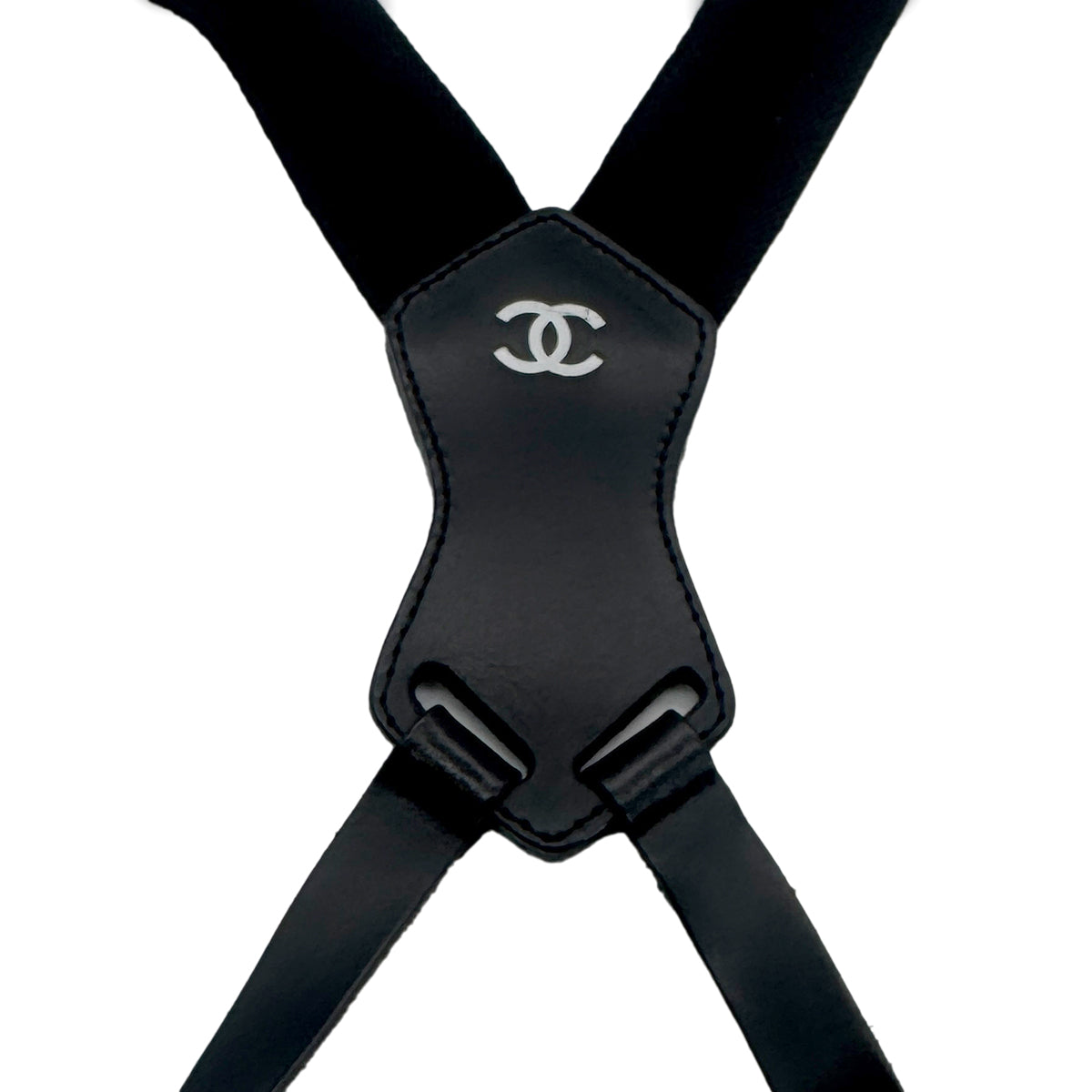 CHANEL VINTAGE SUSPENDER LOGO BLACK WHITE CANVAS LEATHER 90272518