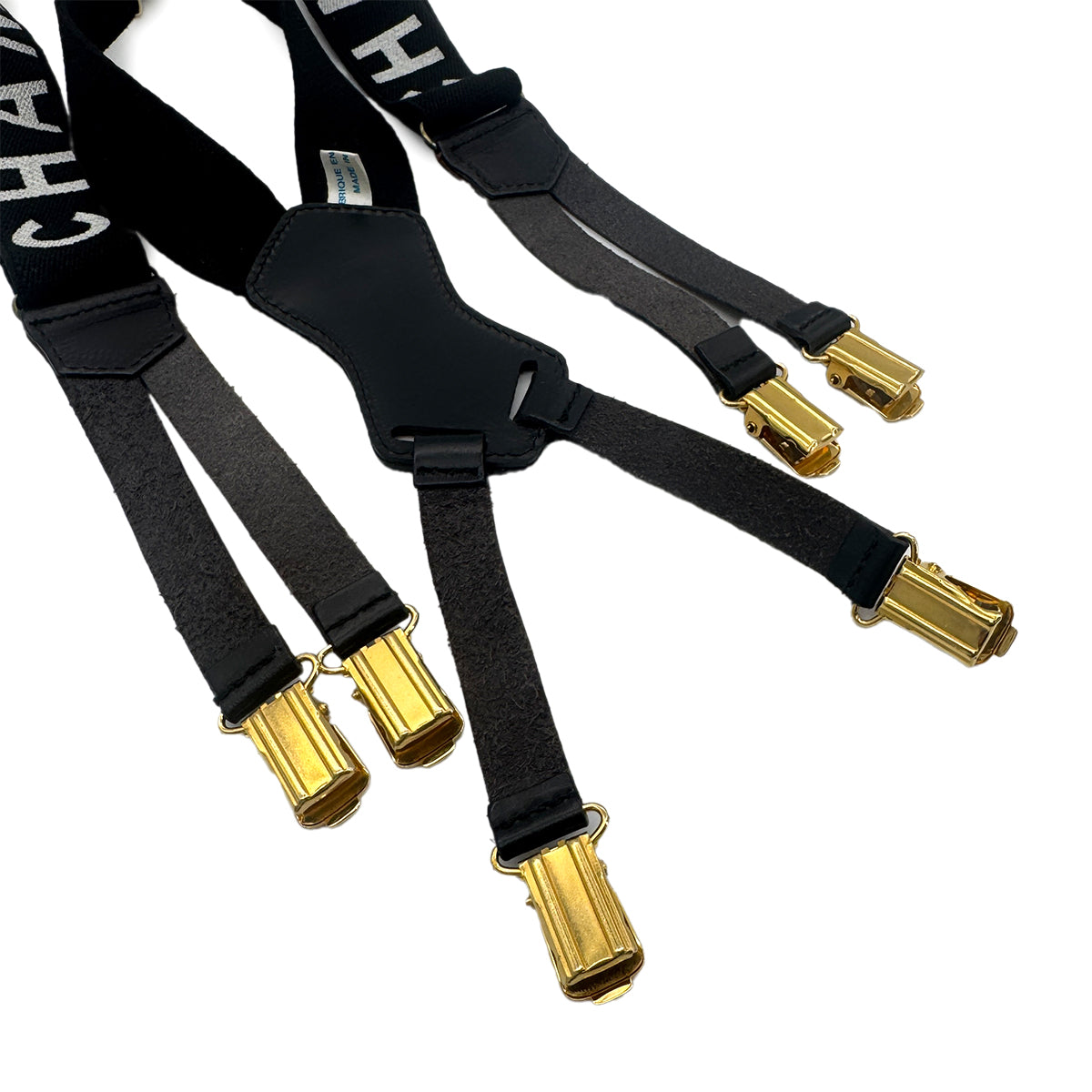 CHANEL VINTAGE SUSPENDER LOGO BLACK WHITE CANVAS LEATHER 90272518