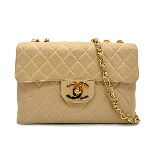 CHANEL VINTAGE JUMBO MATELASSE 30 CHAIN SHOULDER BAG BEIGE LAMB SKIN 90272547