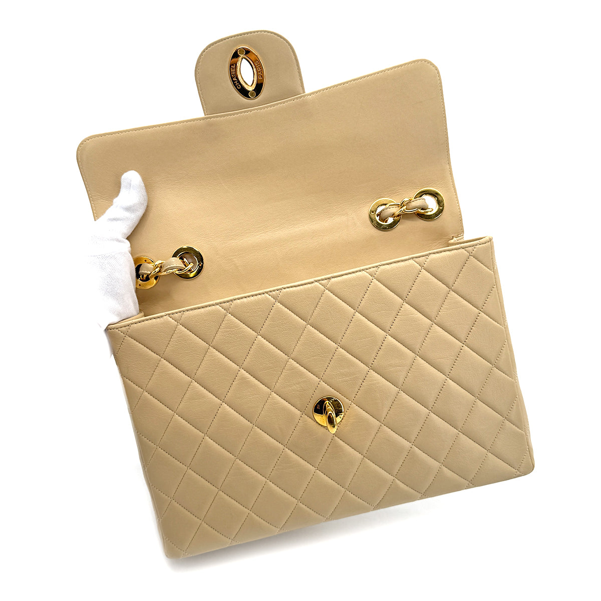 CHANEL VINTAGE JUMBO MATELASSE 30 CHAIN SHOULDER BAG BEIGE LAMB SKIN 90272547