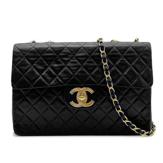 CHANEL VINTAGE MAXI MATELASSE 34 CHAIN SHOULDER BAG BLACK LAMB SKIN 90272548