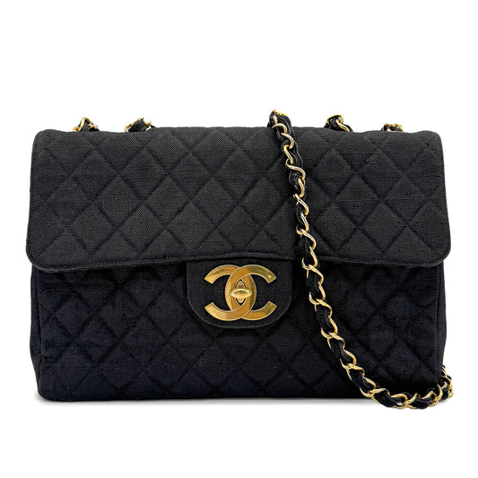CHANEL VINTAGE MAXI MATELASSE CHAIN SHOULDER BAG BLACK LINEN 90272804