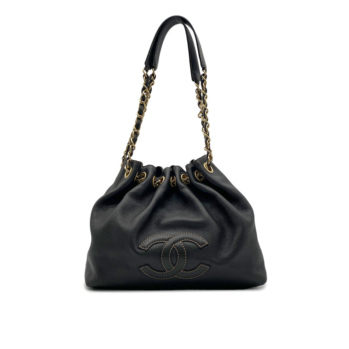 CHANEL VINTAGE WILD STITCH CHAIN SHOULDER BAG BLACK LEATHER 90272814