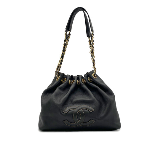 CHANEL VINTAGE WILD STITCH CHAIN SHOULDER BAG BLACK LEATHER 90272814