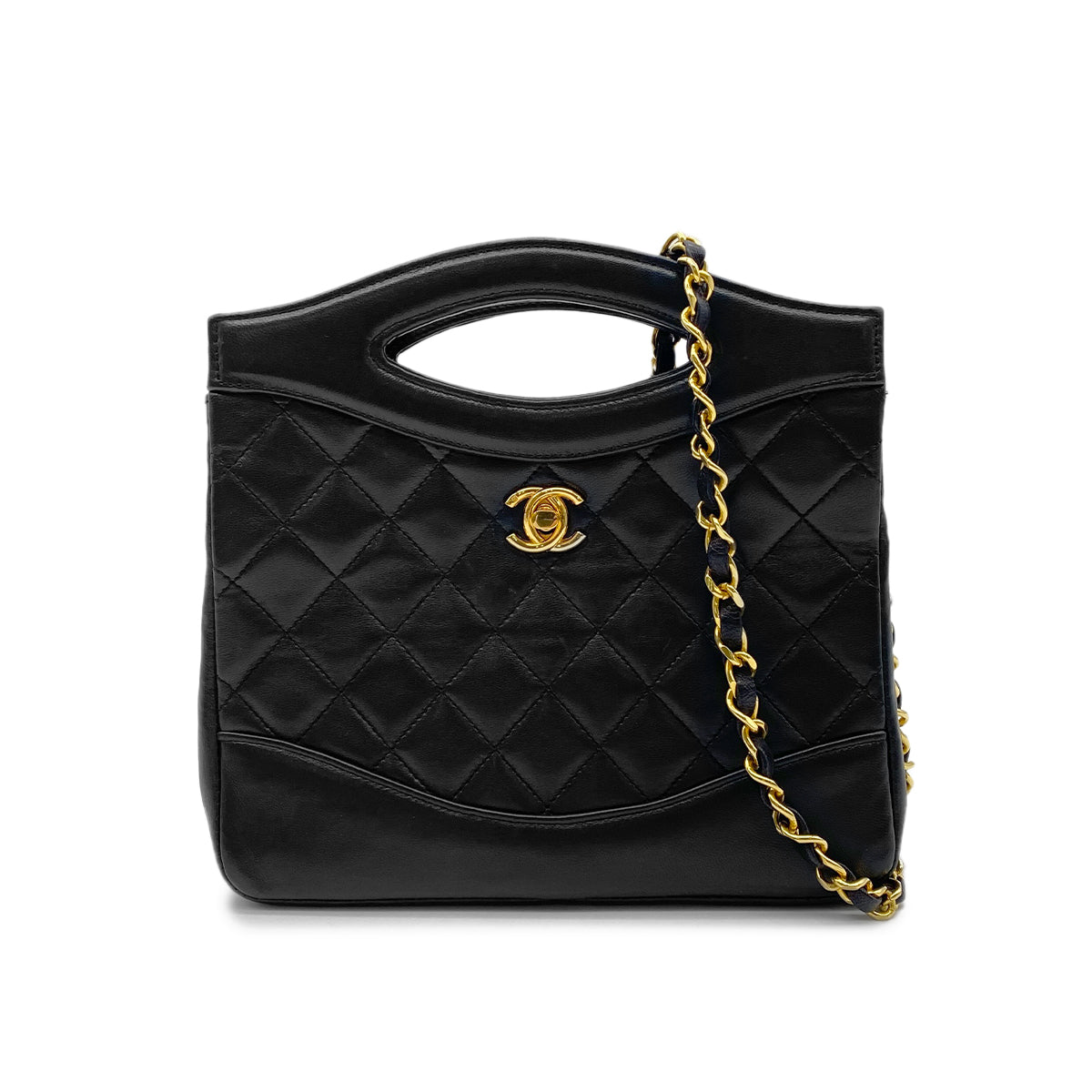 CHANEL VINTAGE MATELASSE HAND CHAIN SHOULDER BAG BLACK LAMB SKIN 90272817