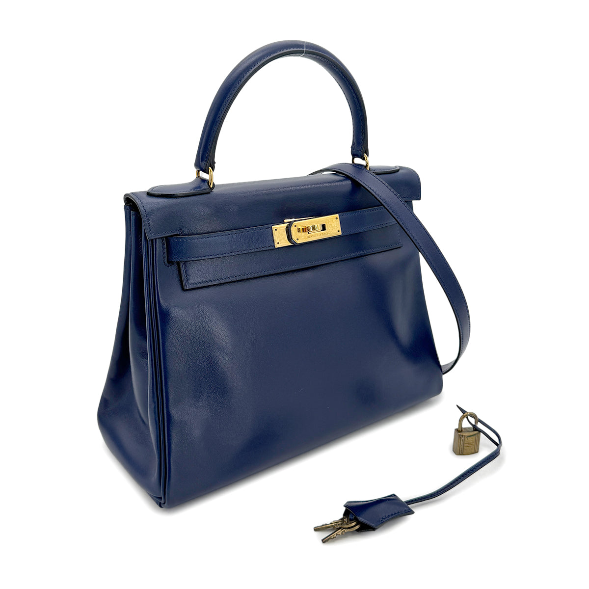 HERMES KELLY 28 RETOURNE BLUE BOX CALF HAND SHOULDER BAG 〇U GHW 90272852