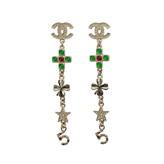 CHANEL EARRINGS COCOMARK STAR CLOVER NO.5 COLOR STONE RHINESTONE SWING ACCESSORY B23C 90272871