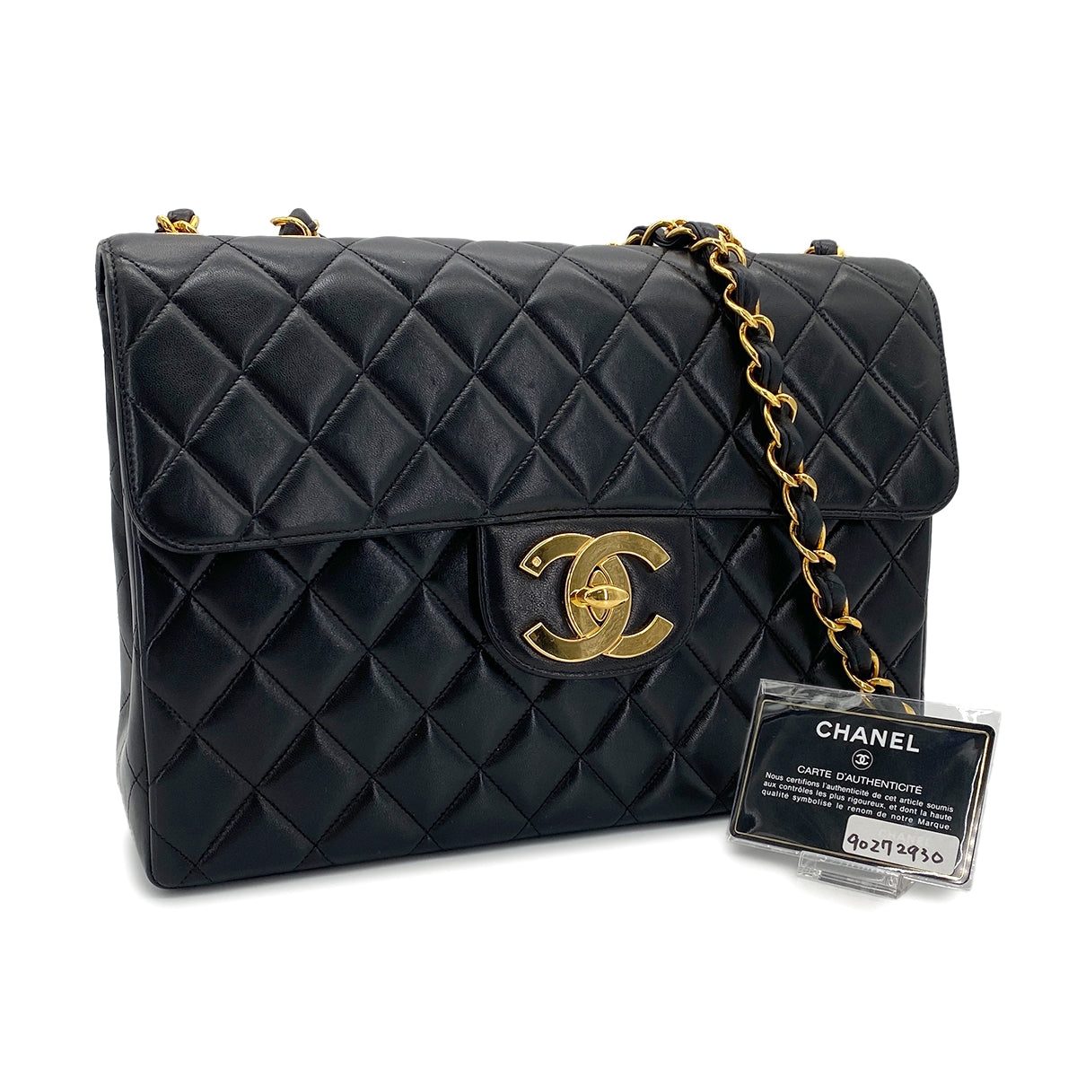 CHANEL VINTAGE MATELASSE BIG COCO CHAIN SHOULDER BAG BLACK LAMB SKIN 90272930