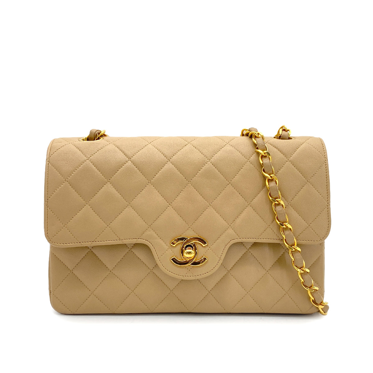 CHANEL VINTAGE MATELASSE CHAIN SHOULDER BAG BEIGE LAMB SKIN 90272957