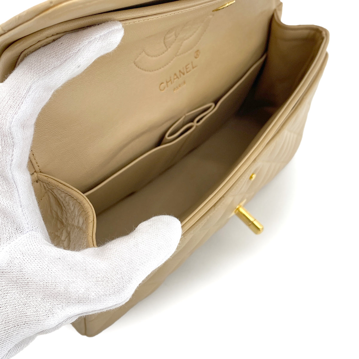 CHANEL VINTAGE MATELASSE CHAIN SHOULDER BAG BEIGE LAMB SKIN 90272957