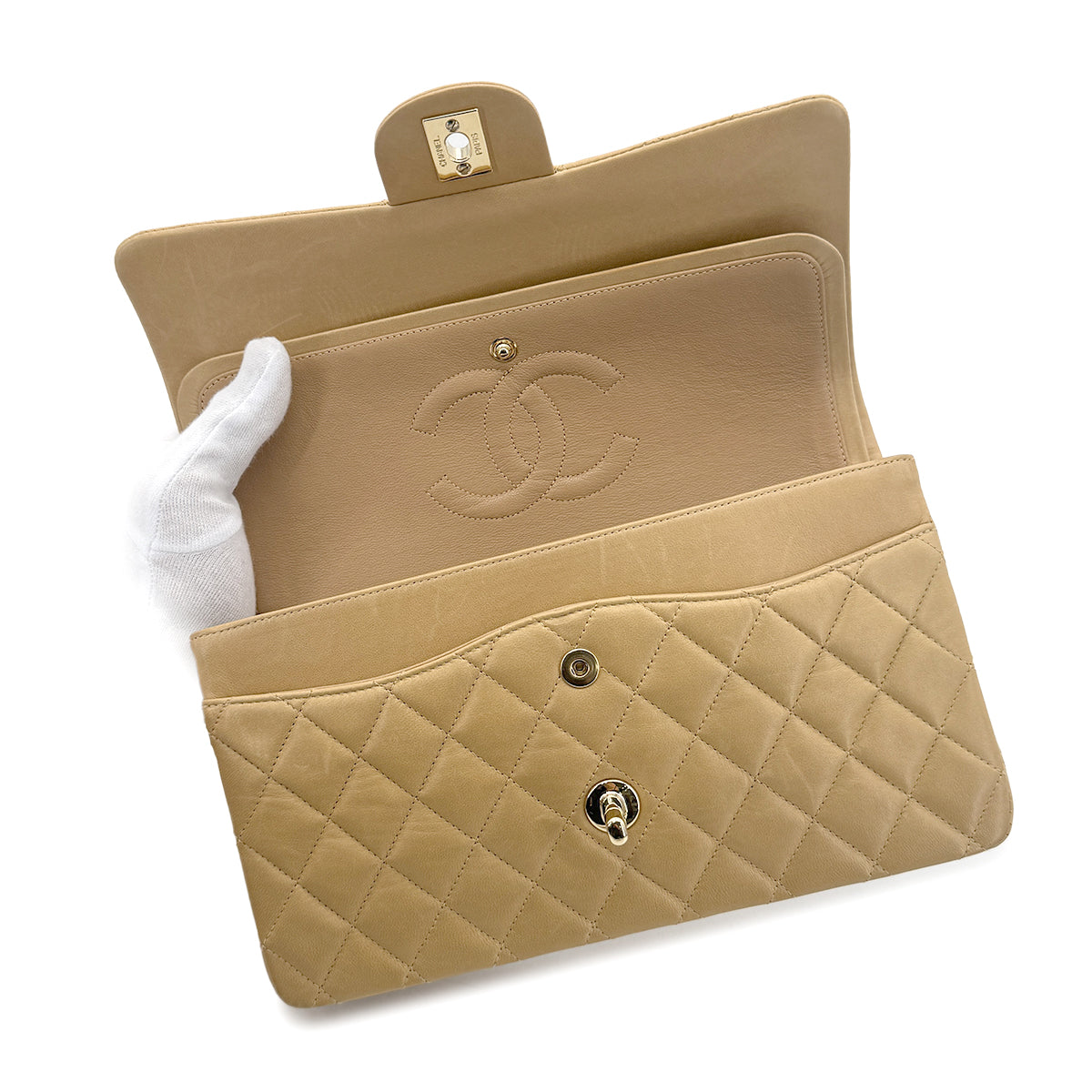 CHANEL VINTAGE CLASSIC FLAP MEDIUM CHAIN SHOULDER BAG BEIGE LAMB SKIN 90272963