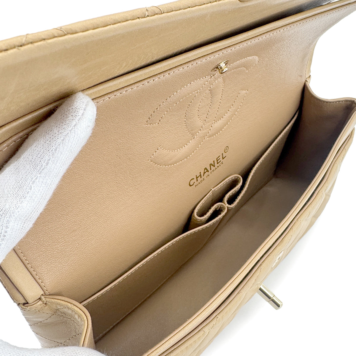 CHANEL VINTAGE CLASSIC FLAP MEDIUM CHAIN SHOULDER BAG BEIGE LAMB SKIN 90272963