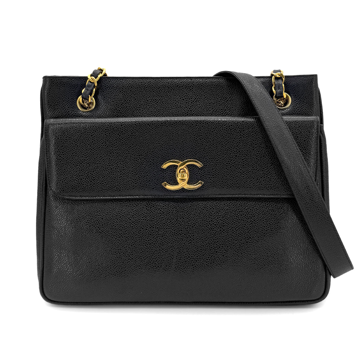 CHANEL VINTAGE CHAIN TOTE BAG BLACK CAVIAR SKIN 90272964