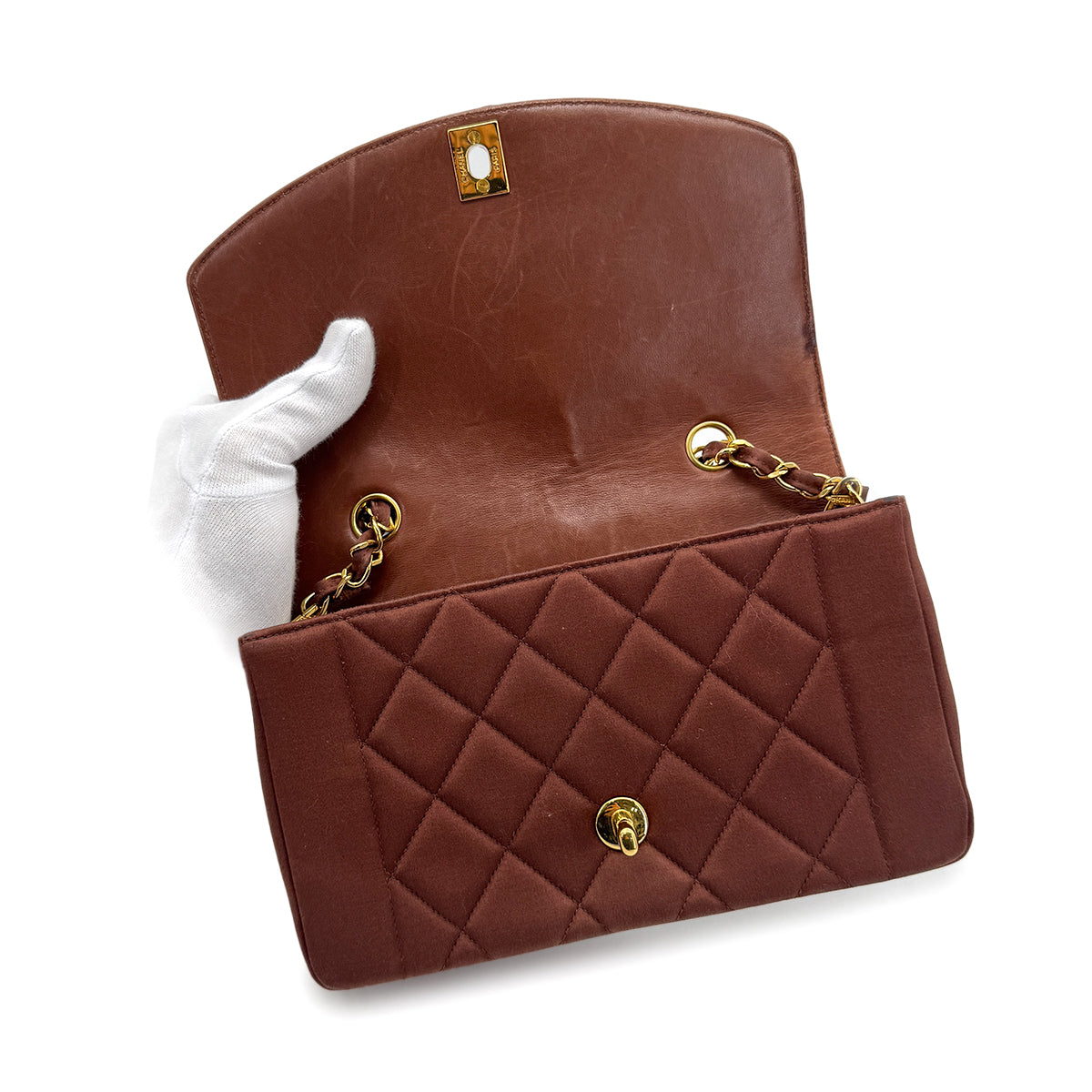 CHANEL VINTAGE DIANA SMALL CHAIN SHOULDER BAG BROWN SATIN 90272977