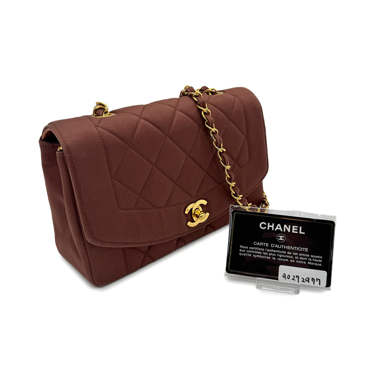 CHANEL VINTAGE DIANA SMALL CHAIN SHOULDER BAG BROWN SATIN 90272977
