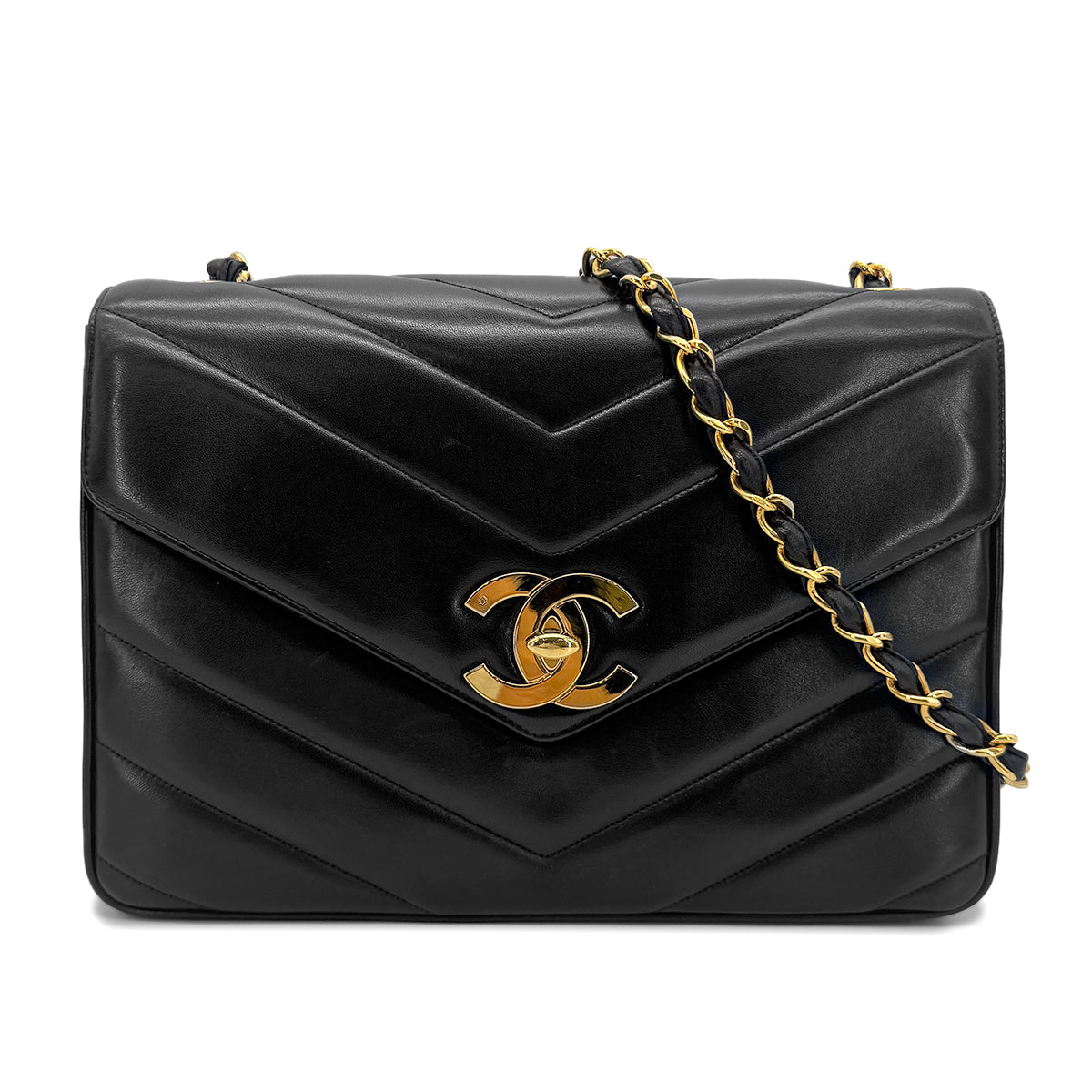 CHANEL VINTAGE CHEVRON V STITCH CHAIN SHOULDER BAG BLACK LAMB SKIN 90272981