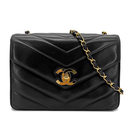 CHANEL VINTAGE CHEVRON V STITCH CHAIN SHOULDER BAG BLACK LAMB SKIN 90272981