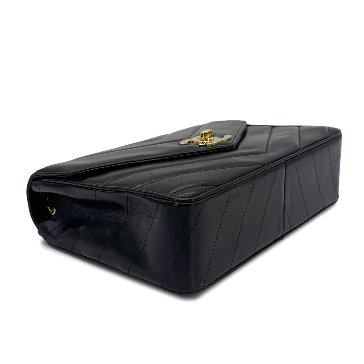 CHANEL VINTAGE CHEVRON V STITCH CHAIN SHOULDER BAG BLACK LAMB SKIN 90272981