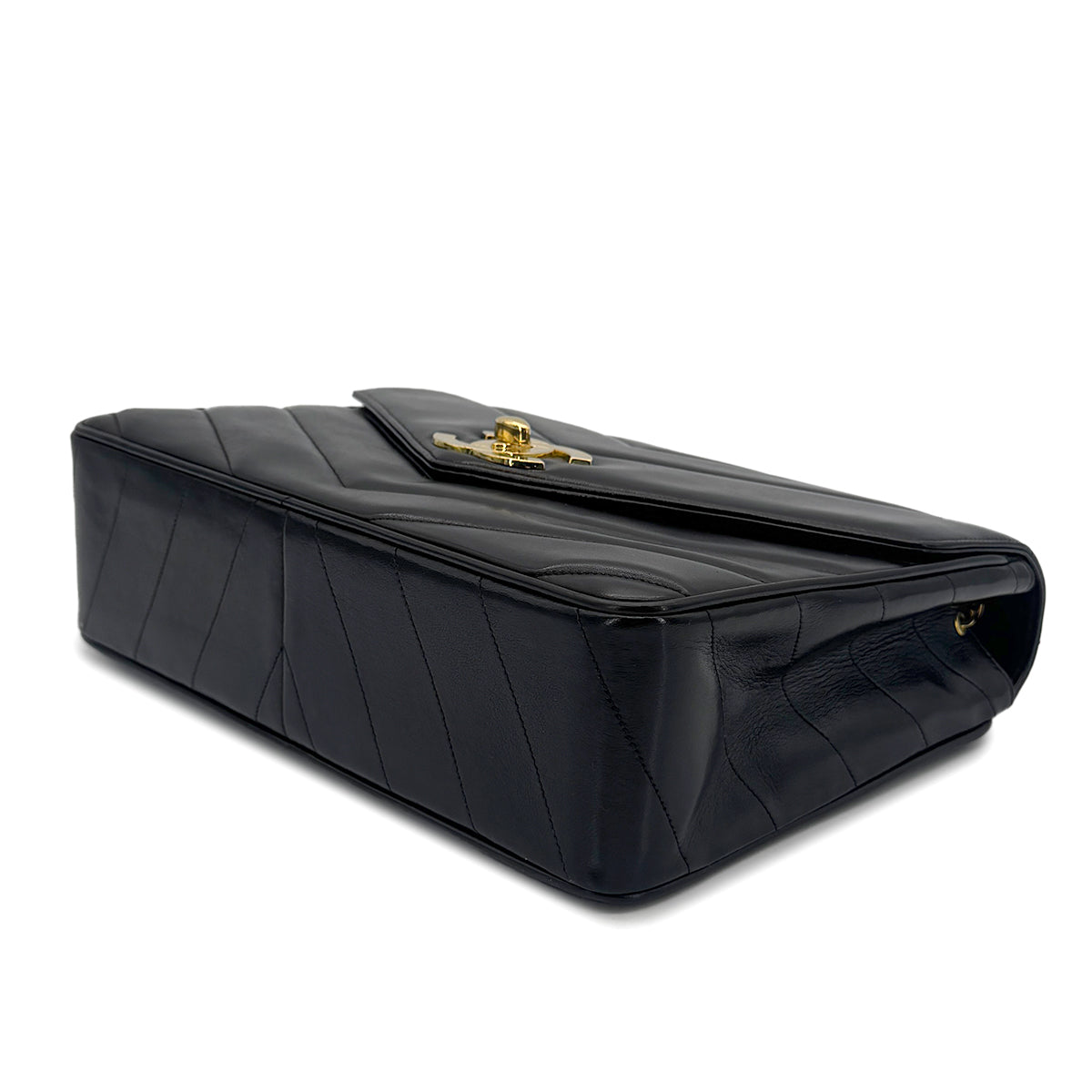 CHANEL VINTAGE CHEVRON V STITCH CHAIN SHOULDER BAG BLACK LAMB SKIN 90272981