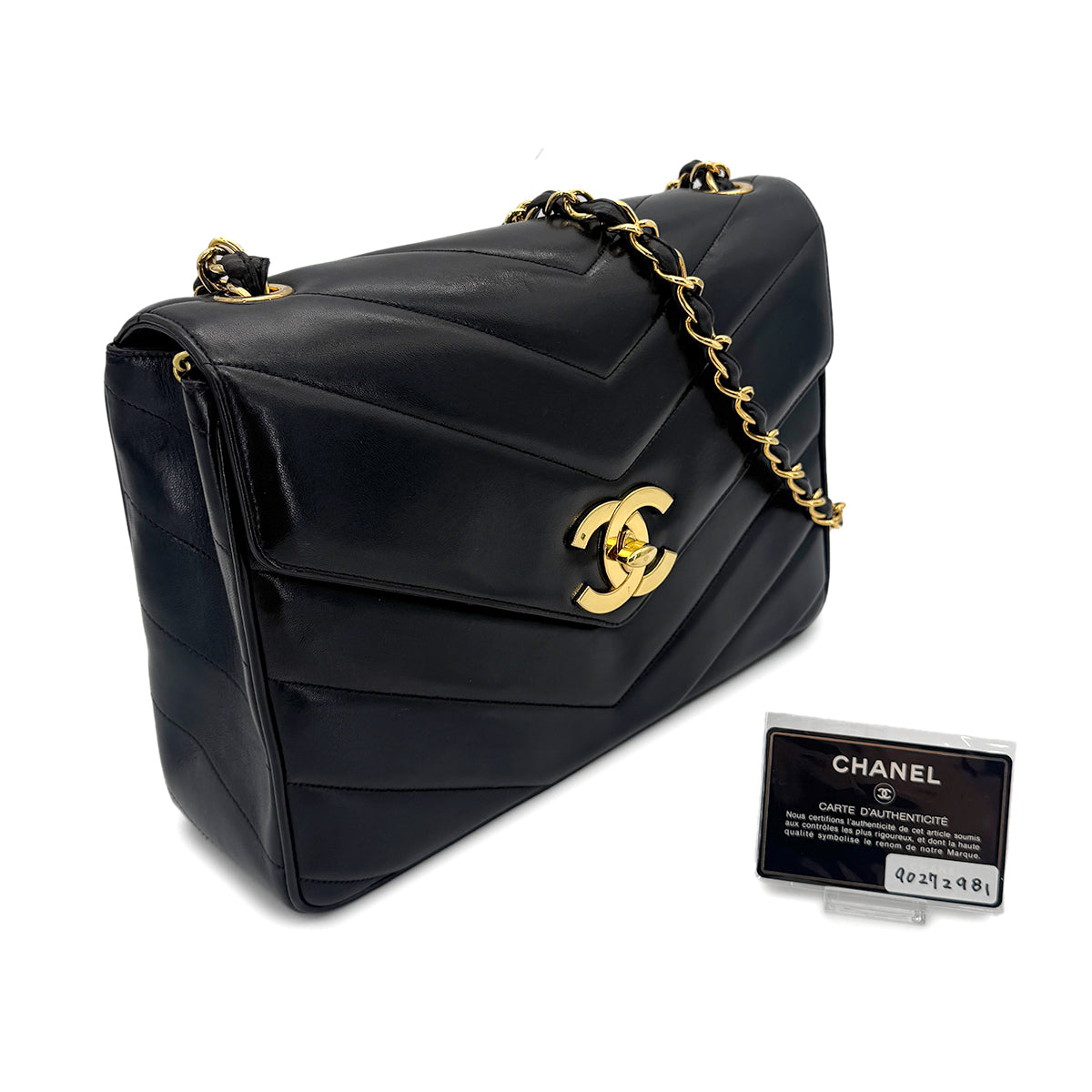 CHANEL VINTAGE CHEVRON V STITCH CHAIN SHOULDER BAG BLACK LAMB SKIN 90272981