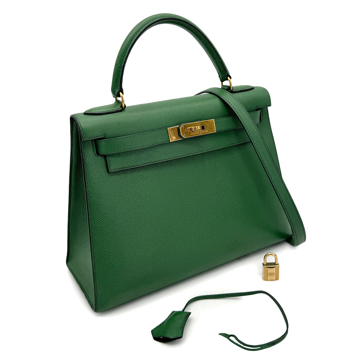 HERMES KELLY 28 SELLIER GREEN COUCHEVEL HAND SHOULDER BAG 〇X GHW 90272987