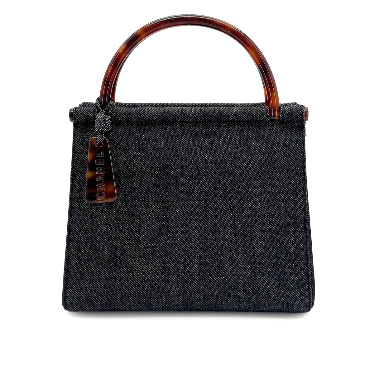 CHANEL VINTAGE TORTOISESHELL HANDLE HAND BAG NAVY DENIM 90272990