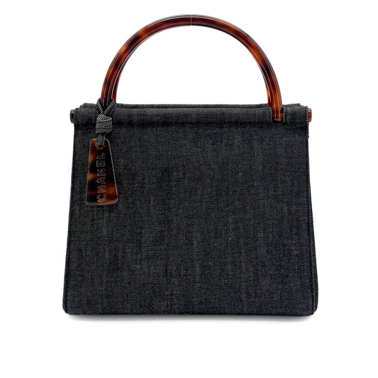 CHANEL VINTAGE TORTOISESHELL HANDLE HAND BAG NAVY DENIM 90272990