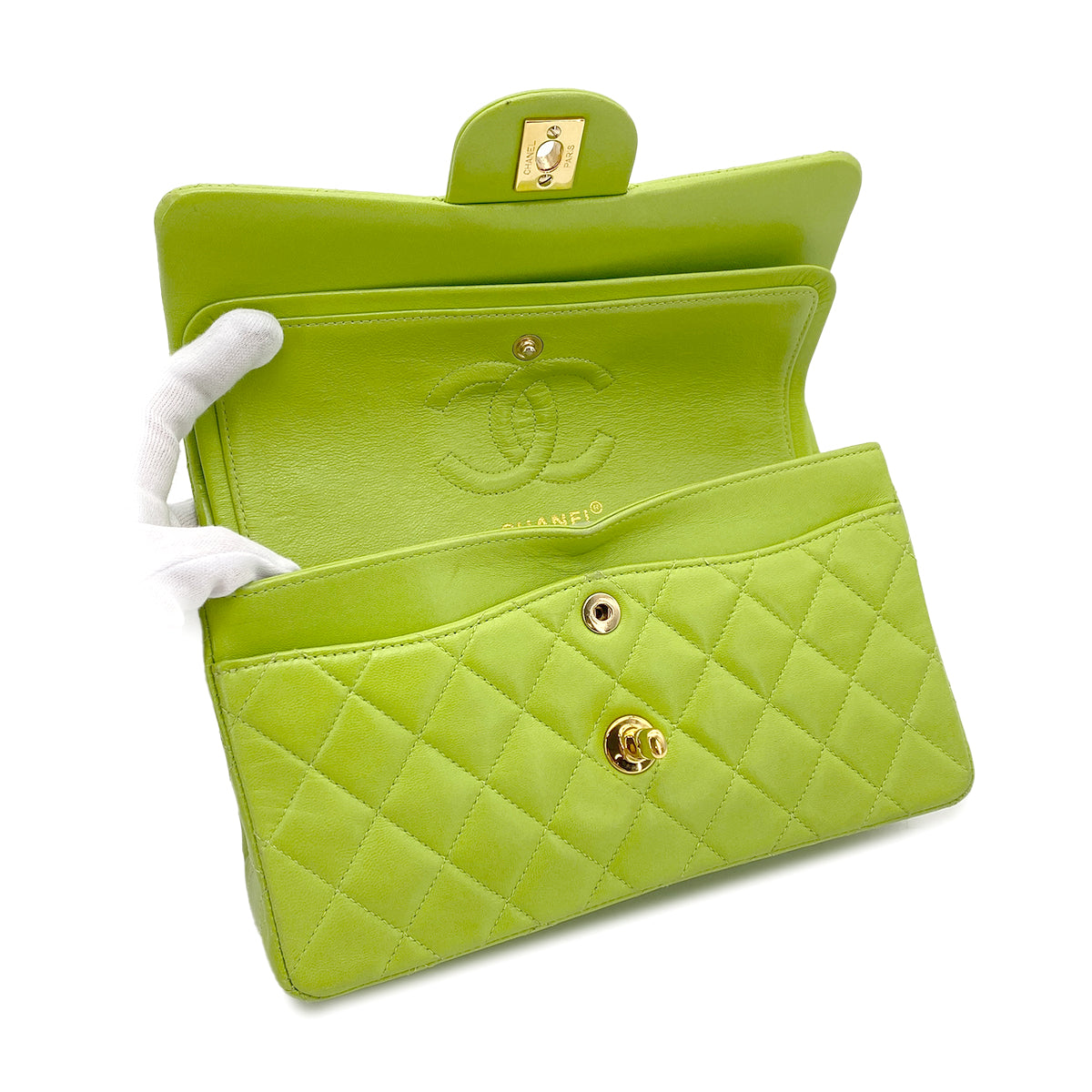CHANEL VINTAGE CLASSIC FLAP SMALL CHAIN SHOULDER BAG GREEN LAMB SKIN 90272997