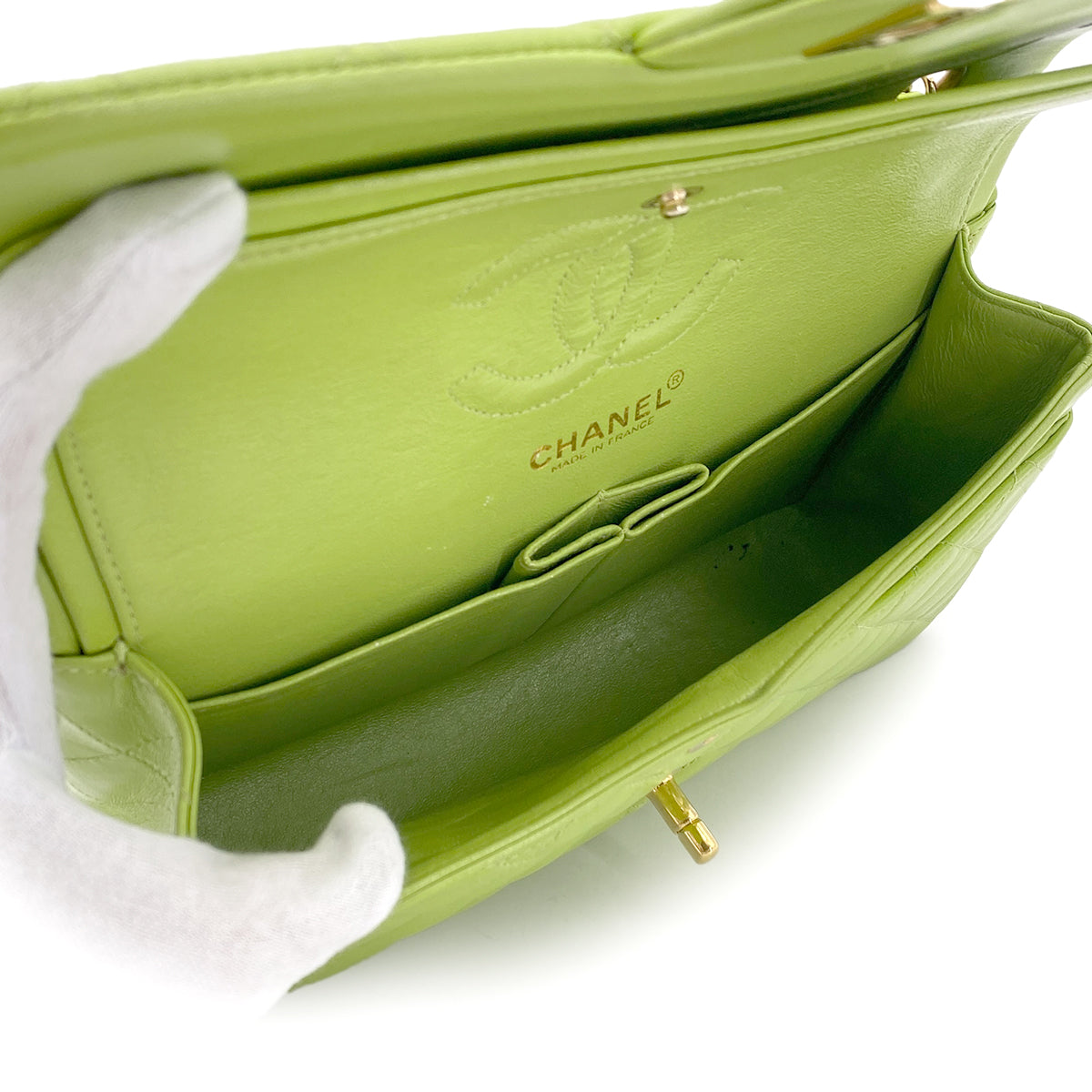 CHANEL VINTAGE CLASSIC FLAP SMALL CHAIN SHOULDER BAG GREEN LAMB SKIN 90272997