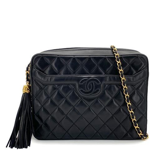 CHANEL VINTAGE MATELASSE FRINGE SHOULDER BAG BLACK LAMB SKIN 90272998