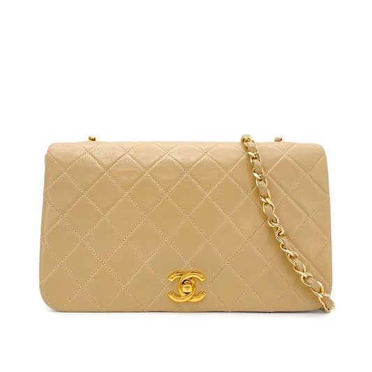 CHANEL VINTAGE FULL FLAP CHAIN SHOULDER BAG BEIGE LAMB SKIN 90272999
