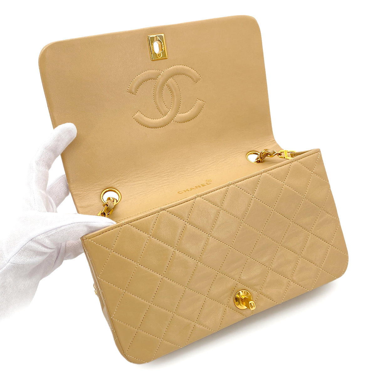 CHANEL VINTAGE FULL FLAP CHAIN SHOULDER BAG BEIGE LAMB SKIN 90272999