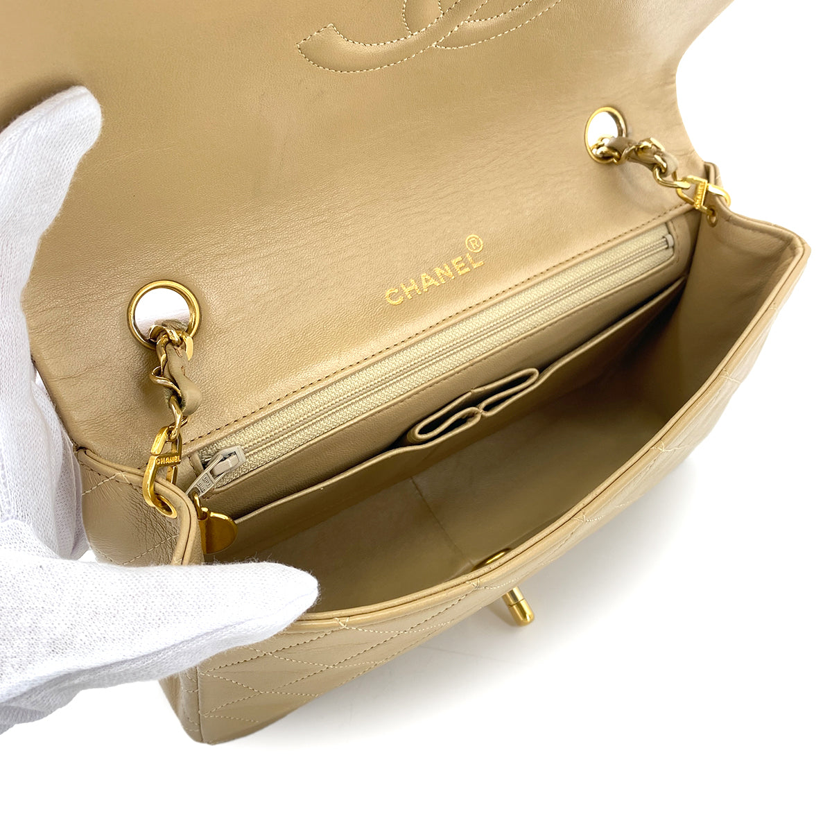 CHANEL VINTAGE FULL FLAP CHAIN SHOULDER BAG BEIGE LAMB SKIN 90272999