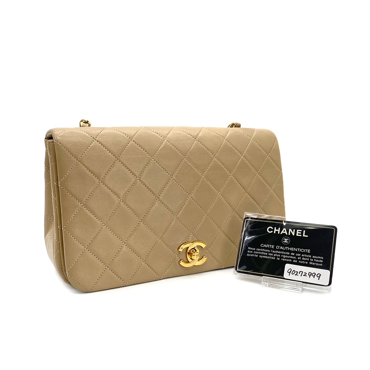 CHANEL VINTAGE FULL FLAP CHAIN SHOULDER BAG BEIGE LAMB SKIN 90272999