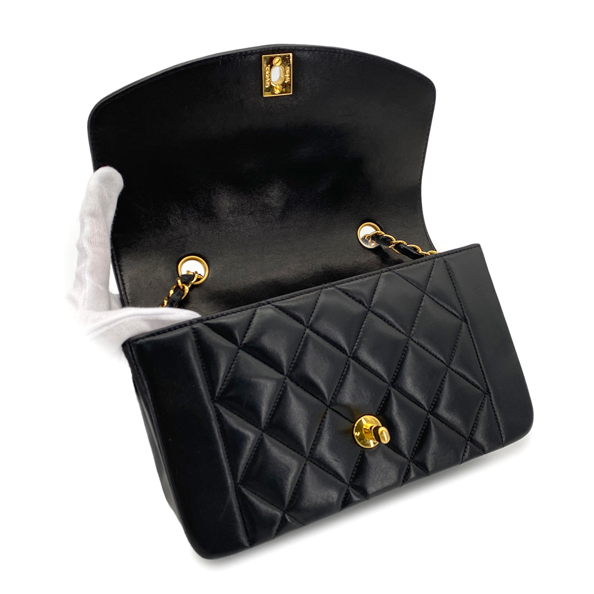 CHANEL VINTAGE DIANA SMALL CHAIN SHOULDER BAG BLACK LAMB SKIN 90273016